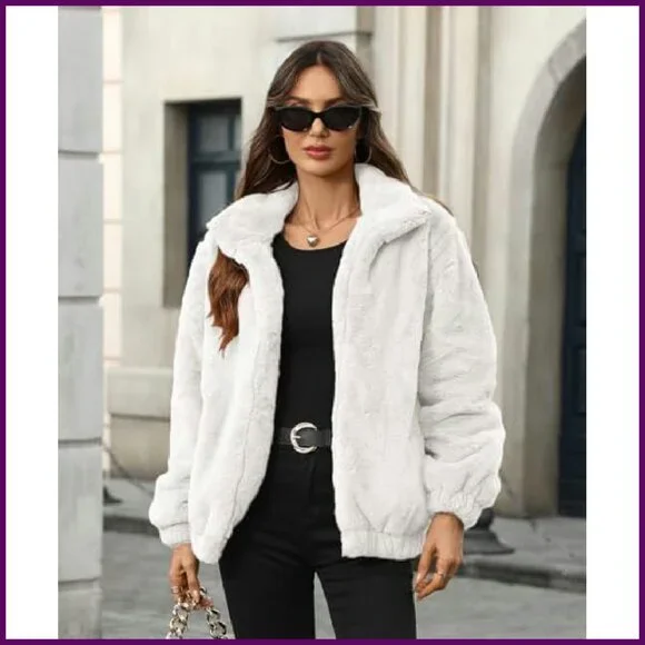 Faux Fur Lapel Zip Up Cropped Jacket Winter Coat Warm Fleece - Picture 3 of 7